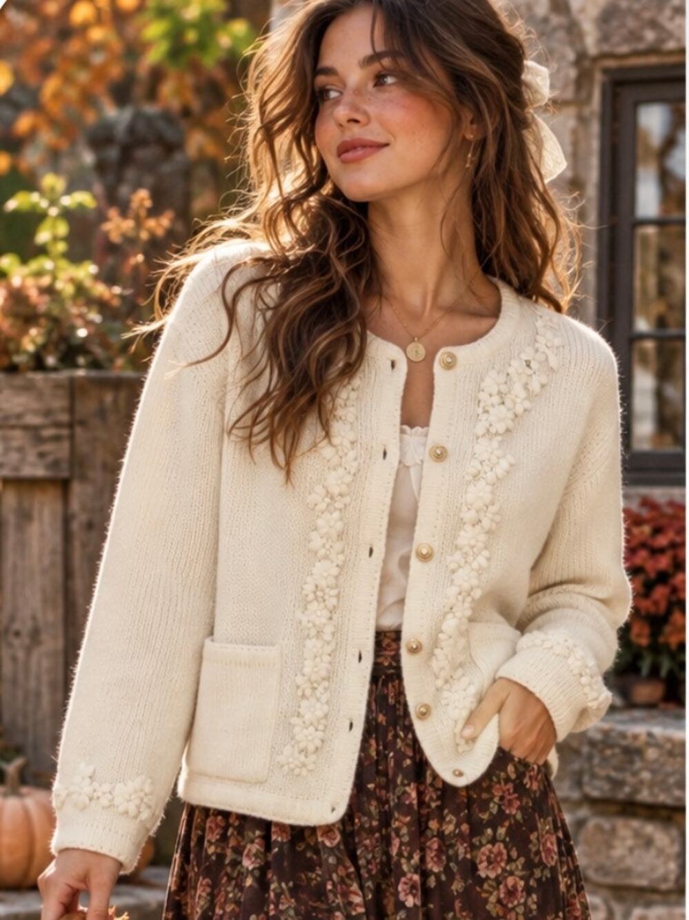 Vintage 90s Croft & Barrow Floral Embroidered Cardigan Gold Buttons coquette S